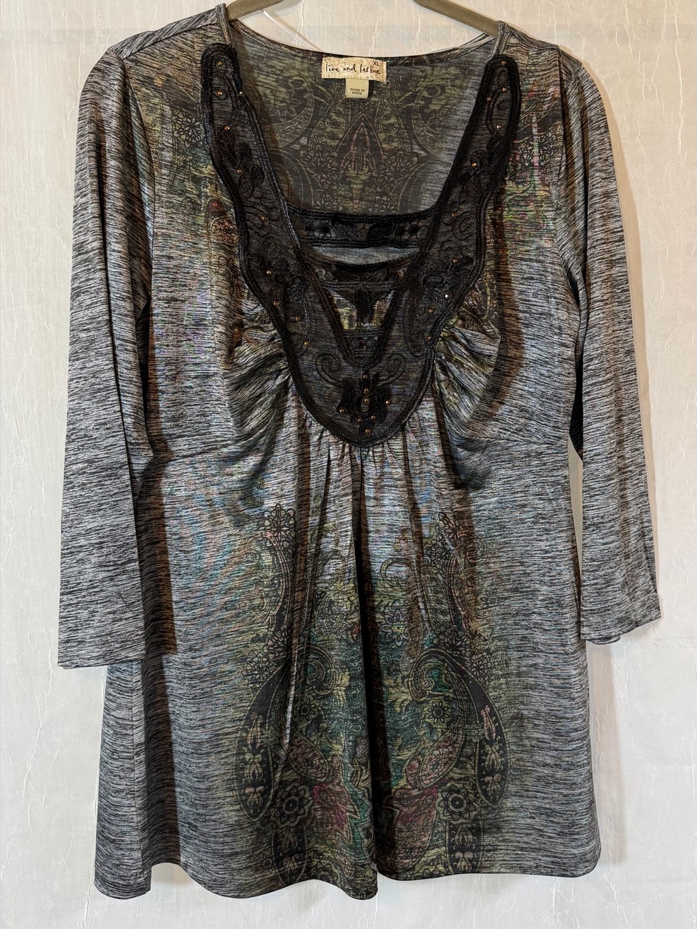 live and let live XL Heather Gray Paisley Embellished Blouse